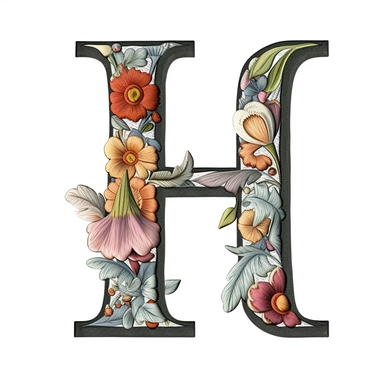 Floral Machine Embroidery, detailed illustration, clipart, white background, letter H