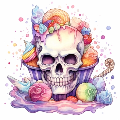 Fantasy beautiful sugar scull and sweets, pastel rainbow color, watercolor, on white background style by Lucy Fleming, watercolor, smooth gradients, black contour outline, ultra detailed, clipart elements, delicate pastel colors, solid white background, super clear, high quality