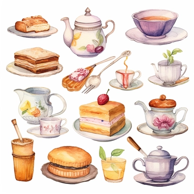 Watercolor vintage tea party items, illustrations clipart set, simple, soft colors, cartoon elements, different variants, teapot, sugar bowl, jug of milk, egg sandwich, stacked china plates, sişde plate, slop bowl, , lemonade glass, cake fork, tongs, china cup and saucer, ,napkin, knife,fork,jam, tea cups, stacked teacups, lemon dish, ,, tea jars ,knie, fork, spoon, butter, ,silver , napkin,separate elements with a margin