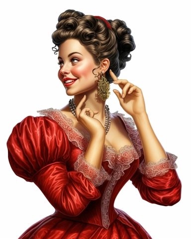 detailed smiling beautiful lady , dressed in a red victorian vintage dress putting earrings, hyper realistic, 8k, isolated on white backgorund, clipart