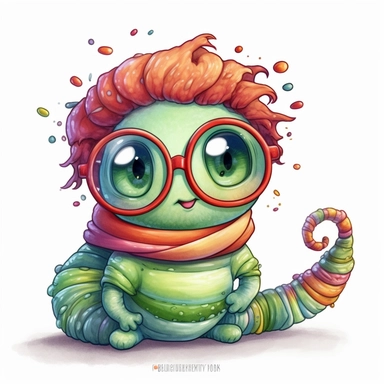 kawaii adorable fantasy worm wearing cute glasses, nursery art, clipart image, line art image, white background, inspired by yoshitaka amano art, very detailed, 8k