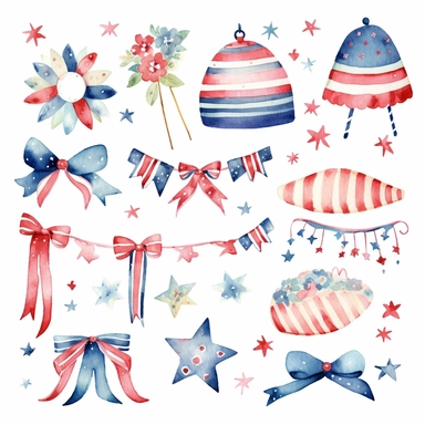 watercolor 4th of july patriotic decorations, illustrations clipart set, simple, , cartoon elements , bunting, ribbon elements, door wreaths, different variants , separate elements with a margin