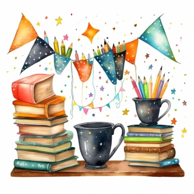Whimsical watercolor clipart, back to school banner, set of graphics, including black board, stack of books, stationery items in a rusty cup, paint, notebook, bunting, stars and dots, white background
