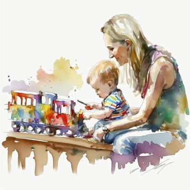 Amazing Mom and Baby playing train Toy, side view in watercolor style clipart, use darker tones, higher saturation colors, watercolor clip art with splashes and drips, super creative watercolor, white background