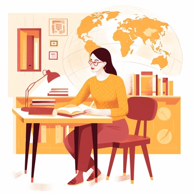 vector design, teacher sitting at the table in the classroom, On table books and a globe, a map of the world is on the wall, flat modern illustration, clipart, white background, no gradient, in the style of warm color palette, natural pastel colors, in bed red and yellow, object portraiture specialist, uniformly staged images, animated illustrations