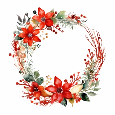 one Christmas round flower frame clipart seamles ornament on a white background, in the style of watercolor landscapes, red and green, no watermark, text, 300 DPI , typography, shapes do not stick together, no text in the picture, on a white background