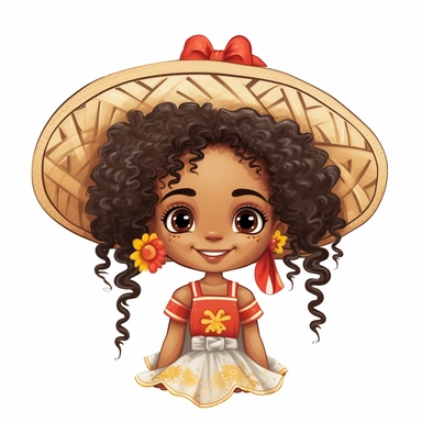 little afro cute girl , braids in her hair with bows at the ends, smiling, beautiful festa junina dress plaid, hugh eyes, straw hat on her head, boots, clipart style, embarressed with black outline,