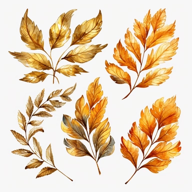 watercolor clipart gold leafs flashs tattoo, white background, realitic