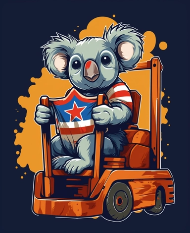 Showcasing a cartoon koala as a forklift operator, with the design featuring patriotic elements and colors reminiscent of the United States flag. The overall design can appear polished and poignant, with the koala proudly operating the forklift, that can be used as a sticker, colorful, highly detailed, with a white background, in the style of Pixar clipart, and no cut off edges.