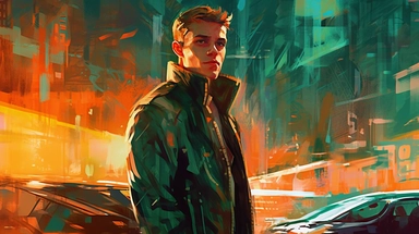 beautiful stunning pretty vintage, futuristic bladerunner style young man, paint art style, clipart, city landscape background, superrealistic, one of a kind