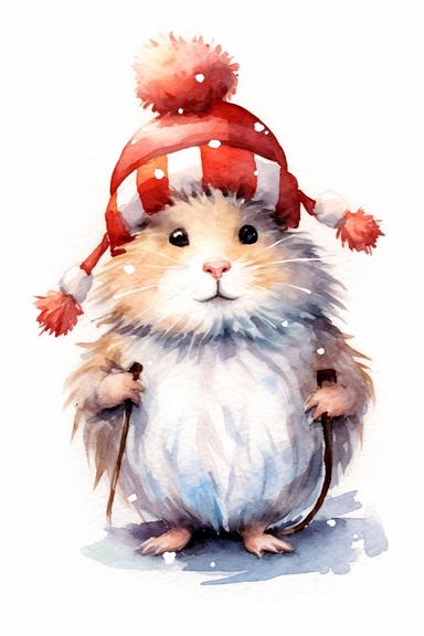 Create a watercolor clipart picture of a happy tomte hamster, white background. The hamster should have a cute and happy expression, with its fur depicted in soft watercolor textures.