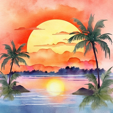 watercolor tropical sunsets clipart, digital graphics, beach landscape