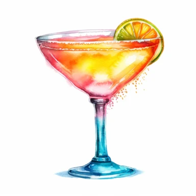 watercolor, hyper realistic, white background, white margins, 16k, ultra detailed clipart, cut out image, hand-drawn, whimsical a margarita glass filled with a sunset-inspired cocktail, featuring layers of vibrant colors like orange, pink, and yellow