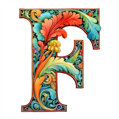 Art Nouveau, colorful, letter F, clipart, white background