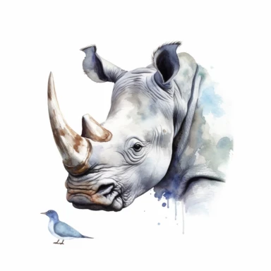 realistic watercolor rhino heads up with a bird standing on its horn on solid white background, clipart