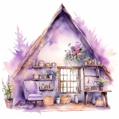 A fairytale style attic corner with watercolor effect,suitable for digital clipart,white background,magical flowers,magical scene,fairy vibrant colors,pink,purple,lavender,soft details