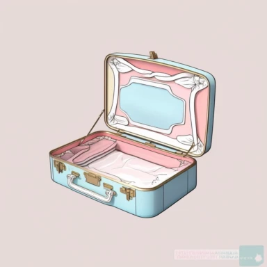 clipart of a vintage suitcase laying open, flat cartoon, minimalistic handdrawn design, pastel blues and pinks, white isolated background