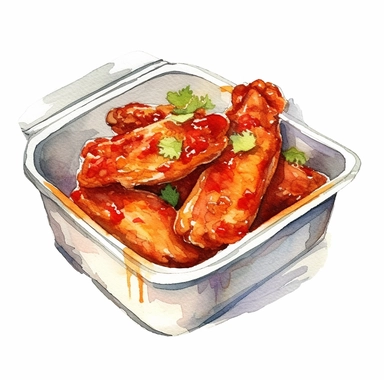 watercolour container with chicken wings, clipart on white background, no watermark, highly detailed, professional color gradation, clean sharpness