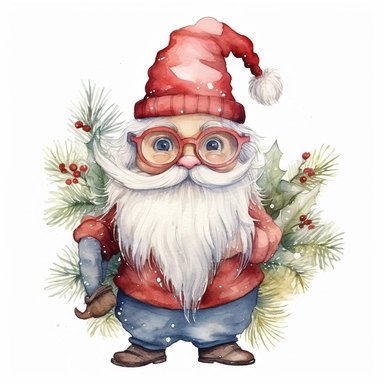 A watercolor painting of cute santa cute big eyes wear big glasses, santa Full body, have small leaf Berries Plant Isolate on top Hat, cute detailed digital art, whimsical and cute, cute detailed artwork, glimmering, adorable and whimsical, whimsical art, Clipart style, png style, svg style