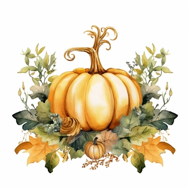 Watercolor velvet boho pumpkin with gold ornate watercolor sitting on pumpkin leaves white background clipart