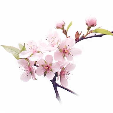 Delicate pink cherry blossom clipart against a pure white background. The illustration depicts a branch of blooming cherry blossoms with delicate pink petals and slender green branches. The color palette includes shades of soft pink and subtle green. The white background adds a fresh and modern touch, enhancing the cherry blossoms' ethereal beauty. The lighting is gentle, casting a soft glow on the flowers and creating a dreamlike atmosphere. The scene exudes a sense of tranquility and the arriv