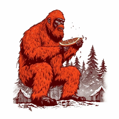 sasquatch clipart holding pizza, eating huge pizza, one color design, screenprint