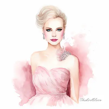 watercolor Charlotte La Bouff dressed in pink ballgowns, beautiful face, clipart, white background, by Natalie Shauby