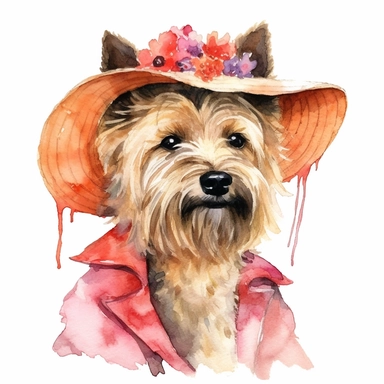 An adorable watercolor clipart of a Doggy Diva wearing a fashionable outfit, wheaten Cairn Terrier