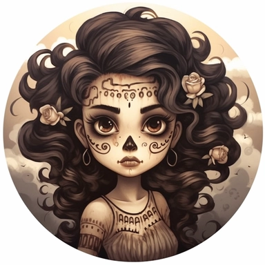 a clipart, white background, kawaii, happy, in curly black hair brown girl dia de Muertos, Mexico city , Tim Burton Junji Ito day of the dead sugar skulls, moonlight, mist, fog, swirling smoke mexican folklore-inspired, muted earth tones, chicano-inspired