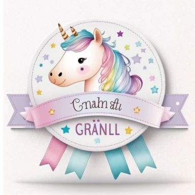 personalised name plate ribbon for text, a large unicorn chibi face, birthday invite, pastel clipart, Watercolour, pure white background