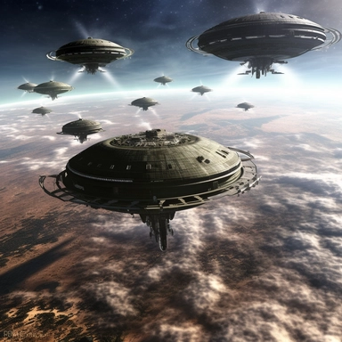 Clipart, A fleet of alien spaceships approaching Earth, hyperrealistic, hyper high definition
