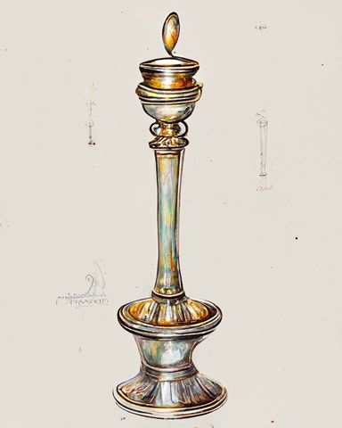 detailed rendering and realistic color illustration of a vintage metal candlestick, clipart on white background, k8,no watermark