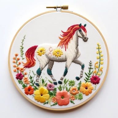 Hand embroidered horse clipart on a flat white background 2, standing on the grass, It is surrounded by small yellow and red flowers In the shape of a circle,