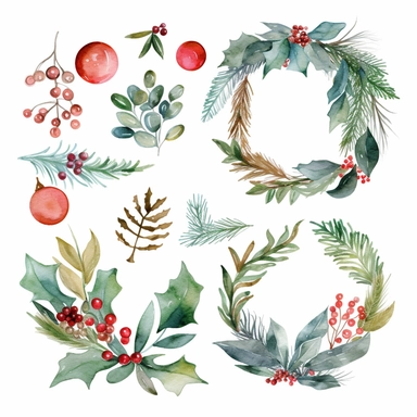 Hand-drawn Christmas wreaths and garlands with holly, berries, pinecones, and other seasonal foliage, watercolor png clipart on a white background