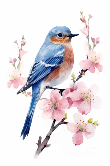 eastern bluebird with flowers. use a combination of vibrant colors and subtle variations in color to capture the freshness and vitality of the scene. Let the transparent and flowing nature of watercolors add a sense of lightness and movement to the painting, clipart, plain isolated white background, 8k ultra detail high sharpness