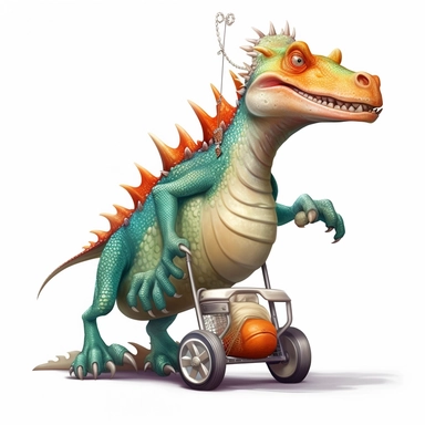 clipart of a lazy dragon walking behind a rollator, white background