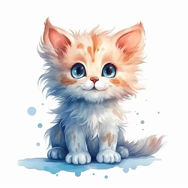 a whimsical cute fluffy baby cat cartoon clipart on white background with margins, watercolor, icon, sticker art