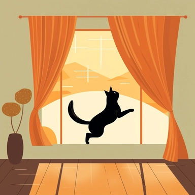 A comical minimalist clipart style scene of a cat named Pat, who believes she is an acrobat. She is mid-twirl in the air, her fur standing on end with flair, while she knocks over a curtain and is about to land flat on a mat, all set in a cozy living room bathed in warm afternoon light.