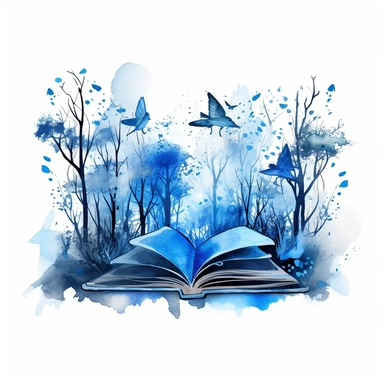 blue watercolour image of magical forest coming out of a book clipart, vector image