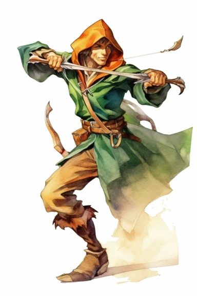 Clipart style, full-body figure of Robin Hood, fighting disney cartoon characters, low detailed, aquarel painting style, volume and bright colors, white background