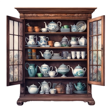 watercolor, hyper realistic, white background, white margins, 16k, ultra detailed clipart, cut out image, hand-drawn vintage wooden cupboard with intricate carvings and a dark finish, showcasing antique crockery and glassware inside.