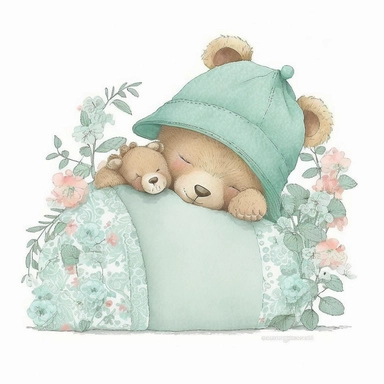 an ultra Cute little newborn baby teddy bear wearing mint green shabby chic floral traditional classic pyjamas and bedtime hat lying on a mint green pillow and blankets watercolour, cute,, bedtime, sleepy, dreamy, isolated on white background, Clipart