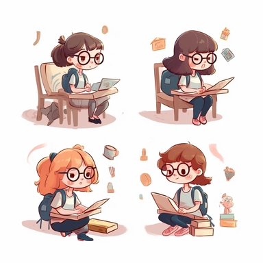 study clipart, cartoon school clipart, white background, seperated design, 8k