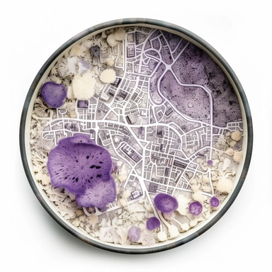 top-down view of a round scientific culture dish containing a simple map of a city block made with white fungal mycelium threads for the roads, a few major landmarks are small purple mushrooms, clean white background, iconic, clipart style