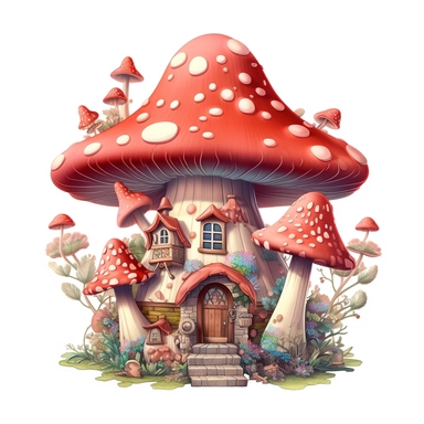 clipart, shades of red and brown fairy mushroom house isolated on a white background, intricate details, vector, pastel colors, realistic, 3D, no shadows
