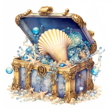 a treasure chest, brimming with untold riches, rests on the sandy ocean floor. The chest gleams with polished gold, adorned with intricate engravings that hint at ancient legends. , azure waters. Delicate seashells and shimmering pearls are scattered nearby, clipart, white background