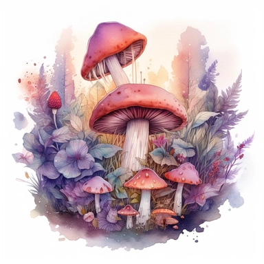 In this watercolor illustration, a mystical mushroom takes center stage, painted with vibrant hues and surrounded by delicate flowers and lush plants. The clipart design captures a magical scene, where fairies flit about in the air, their ethereal forms highlighted against a watercolor backdrop. The white background provides a stark contrast to the dominant purple color scheme, enhancing the enchanting atmosphere of the artwork. The intricate details of the flora and the playful presence of the 