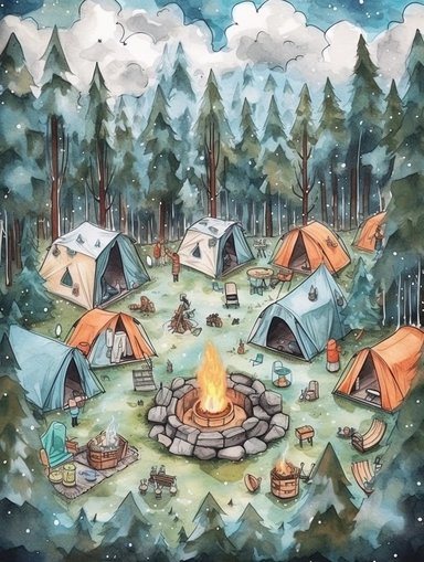 create a hand drawn watercolor clipart depicting campfires surrounded by tents, camping gear, and people enjoying the warmth of the fire, 4k,