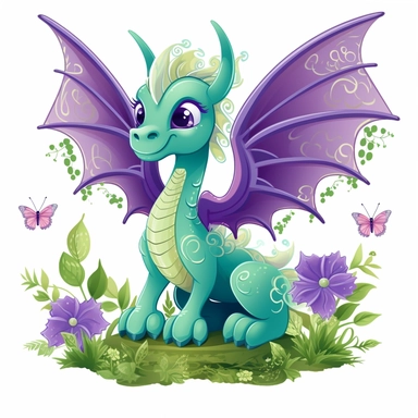 cute lavender color and emerald green two-tone dragon clipart in pixar style in a forrest with butterflies and dragonflies