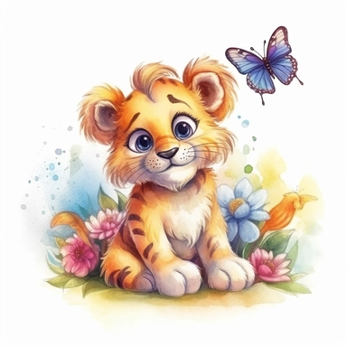 watercolor cute cartoon baby lion playing with butterfly clipart, single clipart, flowers, high resolution, bold colors, 8k